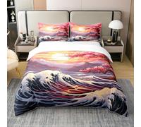 Homewish Coton Ukiyo E Japonais Parure de Lit Hokusai Vagues Décor Literie Set Rose Cadeau Romantique pour Elle,Sakura Housse de Lit Fuji Mountain Housse de Couette avec 2 Taies d'oreiller 220x240