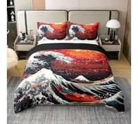 Homewish Coton Vagues Housse de Couette 200x200,Grue Japonaise Ukiyoe Style Parure de Lit,Coucher de Soleil Sakura Pétales Literie Set,Orange Rouge Marine Fleurs Couvre Lit