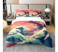 Homewish Coton Vagues Housse de Couette 240 x 260,Cherry Tree Style Ukiyoe Japonais Parure de Lit,Cherry Blossom Mountain Fuji Coucher de Soleil Océan Literie Set,Orange Fleurs Bleues Couvre Lit