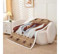 Homewish Couverture 100x130cm Enfant Fertue À Cheval Occidentale,Plaid Canape Impression de Vache,Couverture Polaire Adultes Femmes Brun Farmhouse Stars Imprimer,Jetés de Lit Cabine Vintage en Bois