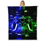 Homewish Couverture 100x130cm Enfant Jeu, Plaid Canape Gamer, Couverture Polaire Consoles de Jeux Vidéo À Lumière Néon, Jetés de Lit Cube de Brique Bleu Vert,Décor de Jeux Vidéo