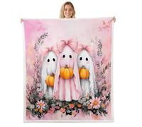 Homewish Couverture 100x130cm Enfant Kawaii Fantôme, Plaid Canape Rose Bow Tie Mignon Bowknot, Couverture Polaire Aquarelle Guirlande Halloween, Jetés de Lit Lanterne de Citrouille Orange