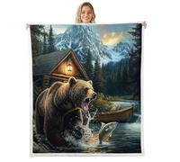 Homewish Couverture 100x130cm Enfant Ours,Plaid Canape Cabine de Poisson,Couverture Polaire pour Garçons Filles Bateau Rivière Bois,Jetés de Lit Plantes Arbres Chasse Vert