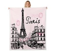 Homewish Couverture 100x130cm Enfant Paris Tour Eiffel, Plaid Canape France Romantique Rose, Couverture Polaire Style Dessiné À la Main de Dessin Animé, Jetés de Lit pour Garçons Filles Paysage Rétro