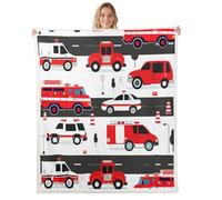 Homewish Couverture 100x130cm Enfant Voiture de Police de Camion D'Incendie,Plaid Canape Véhicule de Sauvetage D'Incendie,Couverture Polaire Véhicules de Dessins Animés Moteur D'Incendie d'urgence