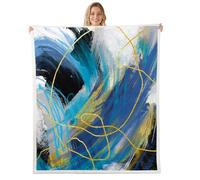 Homewish Couverture 130x150cm Enfant Esthétique, Plaid Canape Grunge, Couverture Polaire pour Filles Garçons Géométrie Ligne Graffiti Dessin Abstrait, Jetés de Lit Or Bleu Blanc