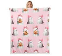 Homewish Couverture 130x150cm Enfant Fantôme de Dessin Animé, Plaid Canape Bowknot Mignon de Ruban Kawaii, Couverture Polaire Lanterne de Citrouille, Jetés de Lit Gothique Drôle,Esthétique Rose Clair
