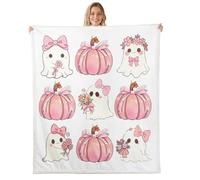 Homewish Couverture 130x150cm Enfant Fantôme de Dessin Animé, Plaid Canape Lanterne de Citrouille, Couverture Polaire Bon Arc d'halloween, Jetés de Lit Bowknot de Ruban Kawaii,Décor d'halloween Blanc