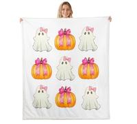 Homewish Couverture 130x150cm Enfant Fantôme de Dessin Animé, Plaid Canape Lanterne de Citrouille Rose, Couverture Polaire Halloween Blanc, Jetés de Lit Kawaii Esthétique Mignon