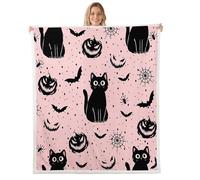 Homewish Couverture 130x150cm Enfant Halloween Chat Noir Mignon, Plaid Canape Lanterne de Citrouille Dessinée, Couverture Polaire Araignée de Chauve-Souris, Jetés de Lit Visage Fantôme