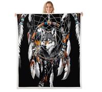 Homewish Couverture 130x150cm Enfant Imprimé Animal Loup Plaid Canape Attrape-Rêves Tribal Couverture Polaire Attrape-Rêves Bohème Jetés de Lit Motif Plumes Bohème