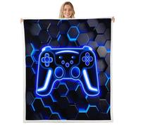 Homewish Couverture 130x150cm Enfant Jeu, Plaid Canape Néon Honeycomb Gamer, Couverture Polaire Console de Jeu Rétro, Jetés de Lit Lumières Hexagonales Bleues,Gamer