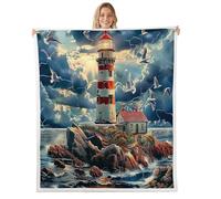 Homewish Couverture 130x150cm Enfant Phare Côtier,Plaid Canape Plage Côtiere,Couverture Polaire Paysage Sauvage,Jetés de Lit pour Garçons Filles Adultes Bord de Mer Oiseaux Volants