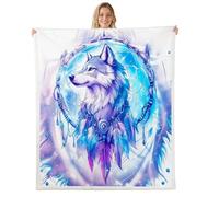 Homewish Couverture 150x200cm Enfant Attrape-Rêves Loup, Plaid Canape Attrape-Rêves Bohème, Couverture Polaire Plume Boho, Jetés de Lit Imprimé d'animaux Sauvages