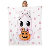Homewish Couverture 150x200cm Enfant Fantôme de Dessin Animé, Plaid Canape Ruban Mignon Bowknot Cravate Blanche, Couverture Polaire Lanterne de Citrouille, Jetés de Lit Fleurs,Kawaii Esthétique