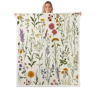 Homewish Couverture 150x200cm Enfant Fleur Sauvage, Plaid Canape Floral Botanique, Couverture Polaire Feuilles de Fleur D'Aquarelle, Jetés de Lit Feuilles Vertes de Sage Décoratives