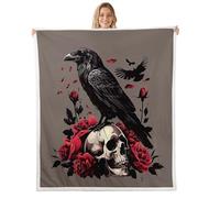 Homewish Couverture 150x200cm Enfant Gothic Crow, Plaid Canape Halloween Raven Skeleton, Couverture Polaire Spooky Death Rouge Rose, Jetés de Lit Dark Goth Aesthetic,Vintage Noir Birds Décoration