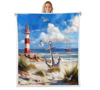 Homewish Couverture 150x200cm Enfant Phare de Mer,Plaid Canape Ancre,Couverture Polaire Plage Côtière de La Mer,Jetés de Lit pour Garçons Filles Adultes Oiseaux Volants du Ciel Bleu