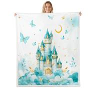 Homewish Couverture 150x200cm Enfant Princesse, Plaid Canape pour Filles Castle Butterfly, Couverture Polaire Girly Coquette Butterflies, Jetés de Lit Lune et Étoiles Esthétique