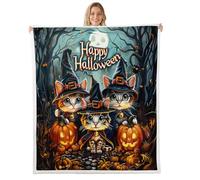 Homewish Couverture 229x229cm Enfant Joyeux Halloween, Plaid Canape pour Les Enfants Lanterne de Citrouille, Couverture Polaire Chat Gothique, Jetés de Lit Thème d'horreur