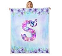 Homewish Couverture 229x229cm Enfant Lettre Initiale S, Plaid Canape Papillon Violet, Couverture Polaire Fleur Florale Élégante, Jetés de Lit Animal Fantaisiste de Rêve
