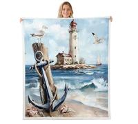 Homewish Couverture 229x229cm Enfant Phare, Plaid Canape Vagues de L'Océan SAE, Couverture Polaire Peinture À l'huile Mouettes, Jetés de Lit Ancre