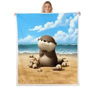Homewish Couverture 229x229cm Enfant Thème Plage Plaid Canape Loutre Mignonne Couverture Polaire Coquillage Conque Océan Mer Nature Jetés de Lit Loutre Vie Marine Kawaii