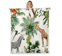 Homewish Couverture 75x100cm Animaux 3D pour Garçon Fille, Plaid Canape Animaux Mignons Zèbre Girafe, Couverture Polaire Feuilles de Palmier Vertes, Jetés de Lit Dessin Animé
