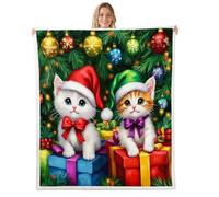 Homewish Couverture 75x100cm Enfant Chat de Noël Kawaii,Plaid Canape Noël de l'arc Mignon,Couverture Polaire pour Garçons Filles Vert Vintage Festival Vacances Jetés de Lit