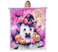 Homewish Couverture 75x100cm Enfant Fantôme de Dessin Animé,Plaid Canape Lanterne de Citrouille Mignonne,Couverture Polaire Bowknot de Ruban Kawaii Bats-Souris de Chapeau de Sorcière D'Arc D'Halloween