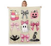 Homewish Couverture 75x100cm Enfant Fantôme d'halloween,Plaid Canape Bowknot Mignon de Ruban Kawaii,Couverture Polaire Lanterne de Citrouille Gothique Chapeau de Sorcière Halloween Bats,Beige