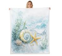 Homewish Couverture 75x100cm Enfant Shell Coral Starfish, Plaid Canape Thème Côtier de L'Océan Bleu, Couverture Polaire Plage D'Été, Jetés de Lit Vagues de Mer Vie Océanique