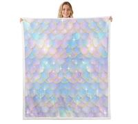 Homewish Couverture 75x100cm Enfant Sirène Pastel, Plaid Canape Échelles Arc-en-Ciel 3D, Couverture Polaire Échelle de Poisson Sirène, Jetés de Lit Sparkle Teal Violet