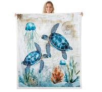 Homewish Couverture 75x100cm Enfant Tortue de Mer Plaid Canape Côtier Plage Océan Bleu Sarcelle Couverture Polaire Créature sous-Marine Corail Jetés de Lit Étoile de Mer Pieuvre