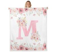 Homewish Couverture Canapé 150x200cm Romantique Féminin Fleurieux | Couverture Polaire Doux Roses Lettre Initiauxe M Jetés de Lit Lettre Personnalisée M pour Salon Bureau