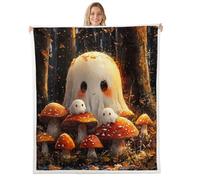 Homewish Couverture Fantôme, Plaid Canape 130x150cm Enfant Champignon Kawaii d'halloween, Couverture Polaire Bois pour Garçon Fille, Jetés de Lit Brun Blanc Effrayant