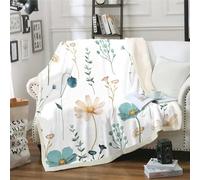 Homewish Couverture Fleurie Aquarelle 130x150cm, Plaid Canape Fleur Beige Bleu Sarcelle pour Fille Femme Adulte, Couverture Polaire Floral Moderne Minimaliste, Jetés de Lit Esthétique