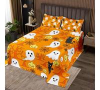 Homewish Couvre-Lit 170x230 Arbre d'halloween,Dessus de Lit Chat Noir Mignon,Couverture de Lit Silhouette Fantôme Dessin Animé,Jetés de Lit Chapeau de Sorcière Vintage Bones 1 Taie d'oreiller 51x75cm