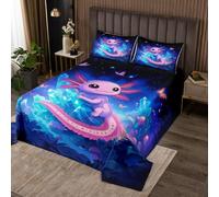 Homewish Couvre-Lit 170x230 Axolotl Mignon, Dessus de Lit Salamandre de Dessin Animé, Couverture de Lit Kawaii Anmial, Jetés de Lit Garçons Filles Rose Bleu Marin Doux avec 1 Taie d'oreiller 51x75cm