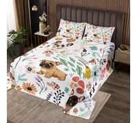 Homewish Couvre-lit 170x230 Bouledogue Mignon, Dessus de lit Feuilles Fleurs Champignons, Couverture de lit Animaux de Dessins Animés pour Enfants Ados, Décoration de Chambre Kawaii