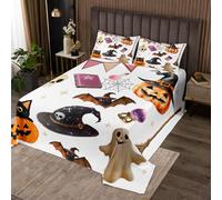 Homewish Couvre-Lit 170x230 Chat Noir Mignon,Dessus de Lit Fantôme de Dessin Animé,Couverture de Lit Chapeau Sorcière de Chauves-Souris d'halloween Lanterne de Citrouille Vintage 1 Taie d'oreiller