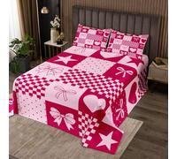 Homewish Couvre-Lit 170x230 Chaud Nœud Coquette Roses Cœur | Dessus de Lit Y2K Esthétique Rétro Couverture de Lit Minimaliste Grille À Voiturereaux - 1 Taie d'oreiller 51x75