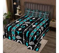 Homewish Couvre-Lit 170x230 Cowboy Occidental,Dessus de Lit Crâne Taureau,Jetés de Lit Femmes Tribales Autochtones Rustiques Aztèques Totem de Tête de Vache Ethnique Bleu Noir 1 Taie d'oreiller