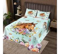Homewish Couvre-Lit 170x230 Cowgirl Horse Filles, Dessus de Lit Cowboy Occidental, Couverture de Lit Ferme Rustique, Jetés de Lit Garçons Femmes Ferme Animal Fleur Teal avec 1 Taie d'oreiller 51x75cm