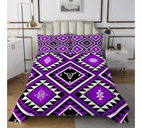 Homewish Couvre-Lit 170x230 Crâne de Taureau Rustique Occidental,Dessus de Lit,Couverture de Lit Adolescents Bohême Sud-Ouest Cornes Ethniques Aztèques Ferme Violet Noir Diamant Géométrique