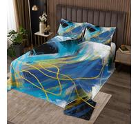 Homewish Couvre-Lit 170x230 Esthétique, Dessus de Lit Grunge, Couverture de Lit pour Filles Garçons Géométrie Ligne Graffiti Dessin Abstrait, Jetés de Lit Or Bleu Blanc avec 1 Taie d'oreiller 51x75cm