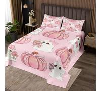 Homewish Couvre-Lit 170x230 Fantôme de Dessin Animé,Dessus de Lit Lanterne de Citrouille,Couverture de Lit Bon Arc d'halloween,Jetés de Lit Bouchon de Ruban Kawaii, Décor d'halloween Rose