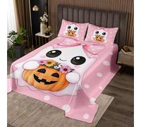 Homewish Couvre-Lit 170x230 Fantôme de Dessin Animé,Dessus de Lit Ruban Mignon Bowknot Cravate Rosée,Couverture de Lit Lanterne de Citrouille,Jetés de Lit Fleurs,1 Taie d'oreiller Kawaii Esthétique