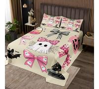 Homewish Couvre-Lit 170x230 Fantôme d'halloween,Dessus de Lit Bowknot Mignon de Ruban Kawaii,Couverture de Lit Lanterne de Citrouille Gothique,Jetés de Lit Chapeau de Sorcière Halloween Bats, Beige
