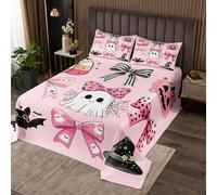 Homewish Couvre-Lit 170x230 Fantôme d'halloween,Dessus de Lit Bowknot Mignon de Ruban Kawaii,Couverture de Lit Lanterne de Citrouille Gothique,Jetés de Lit Chapeau de Sorcière Halloween Bats, Rose